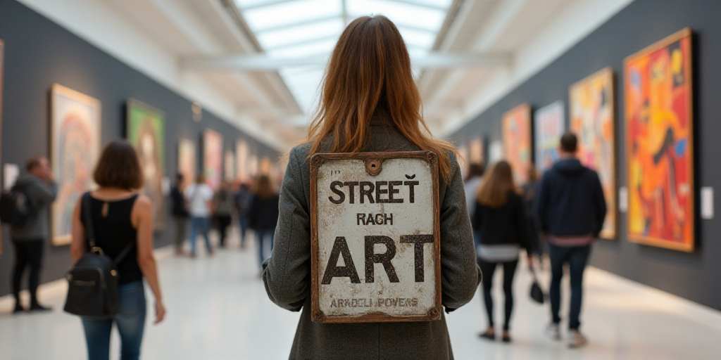 a woman standing behind a sign that says street art on it in a museum lobby with people walking arou