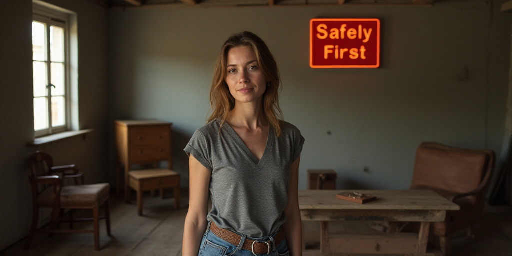 a woman standing in a room with wooden furniture and a sign that says safety first, always be forgot
