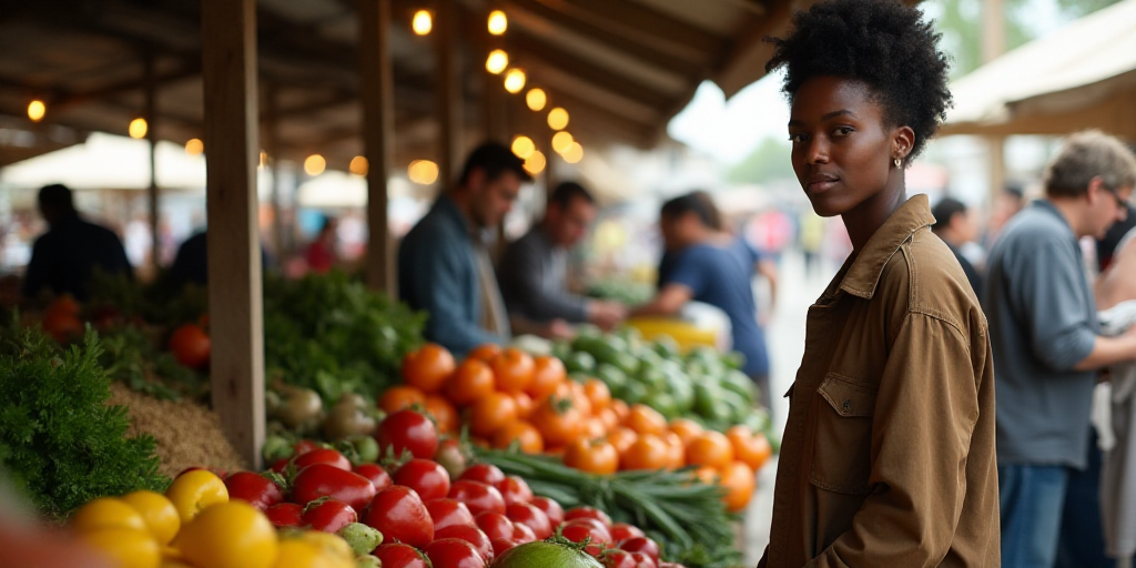 a woman standing in front of a display of fruits and vegetables at a market stall with people shoppi