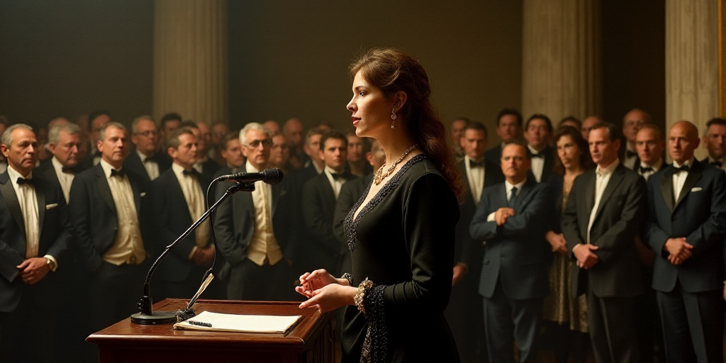 a woman standing in front of a microphone in front of a crowd of people in suits and ties and a man