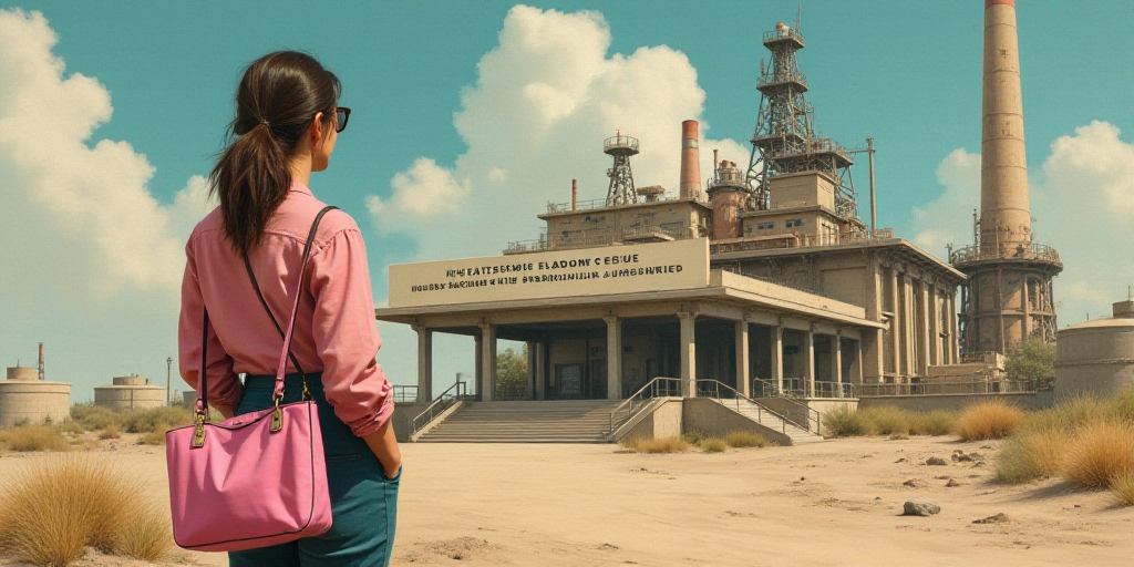 a woman standing in front of a building with a pink purse in her hand and a sign that says organizat
