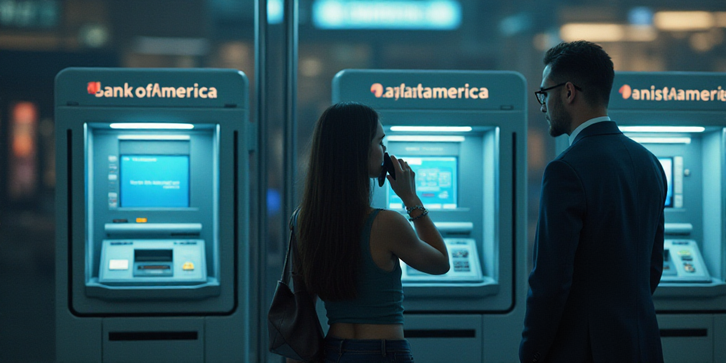 a woman standing in front of a bank of america machine with a phone to her ear and a man standing ne