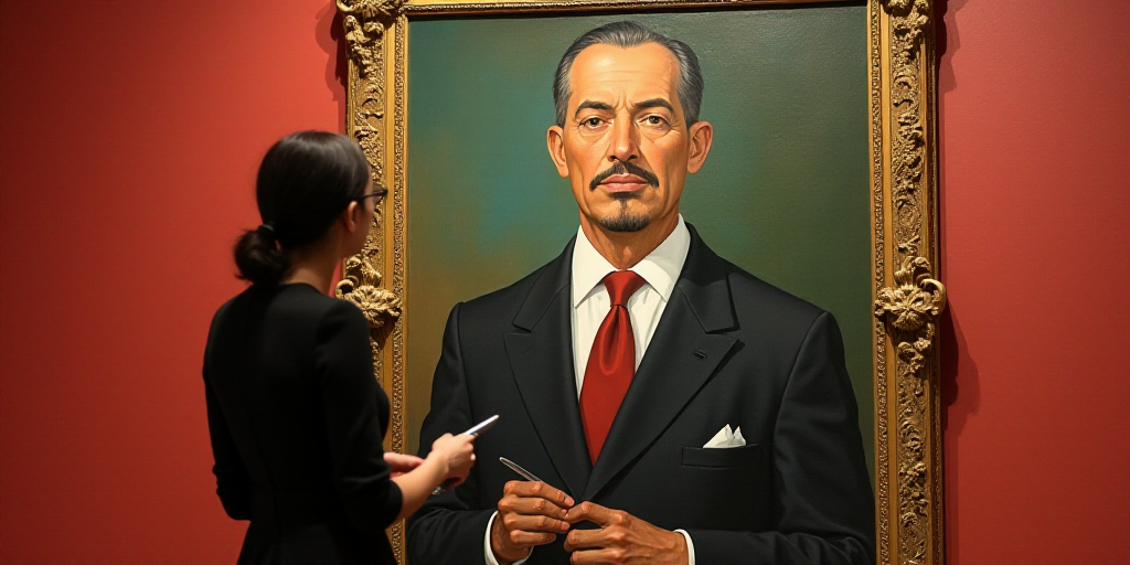 a woman standing in front of a painting of a man in a suit and tie with a pen in her hand, David Alf