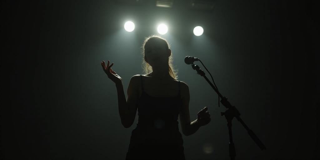 a woman standing in front of a microphone in a dark room with lights on the ceiling and a hand up, A