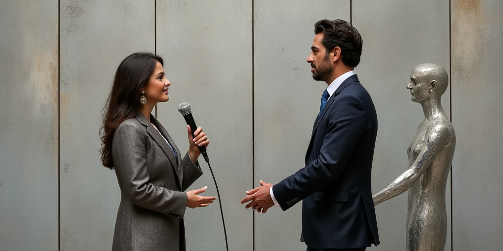 a woman standing in front of a wall with a microphone in her hand and a man in a suit standing next