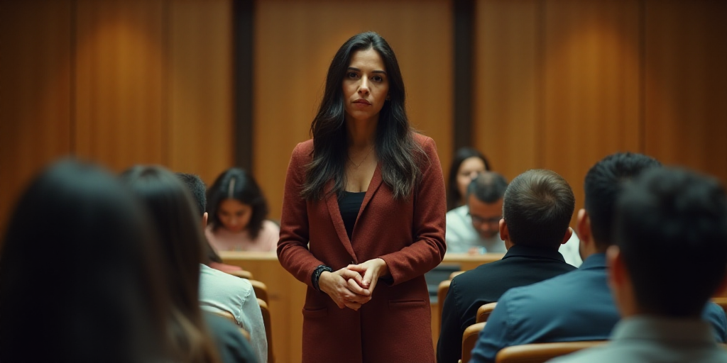 a woman standing in front of a group of people in chairs with their hands together in front of her,