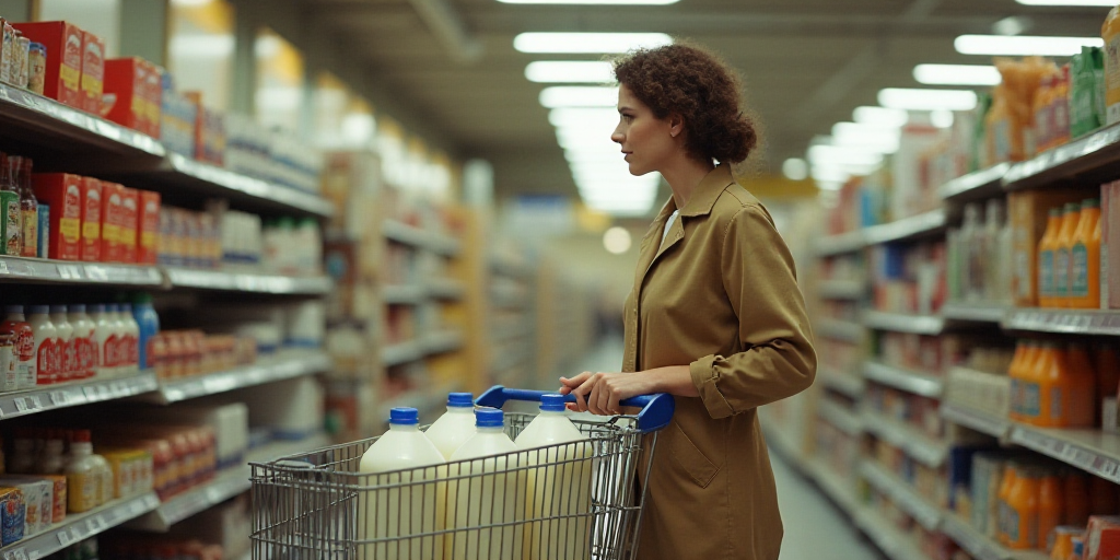a woman standing in front of a grocery cart in a store aisle with a grocery cart full of milk and mi