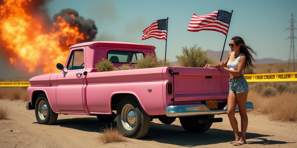 a woman standing next to a pink truck with american flags on it's bed and a police tape, Dave Arredo