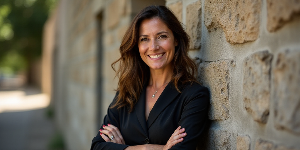 a woman standing next to a stone wall with her arms crossed and smiling at the camera, with her arms