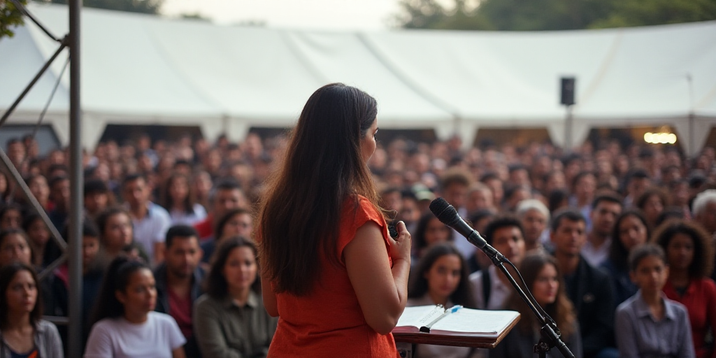 a woman standing on a stage in front of a crowd of people in front of a white tent with a microphone