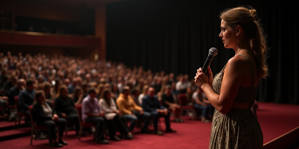 a woman standing on a stage with a microphone in front of her and a crowd of people sitting behind h