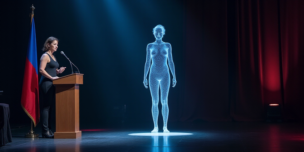 a woman standing on a stage with a microphone in front of a podium with a flag behind her and a woma