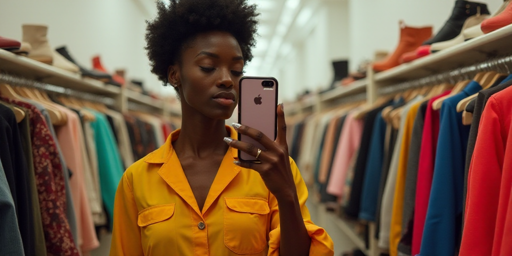 a woman taking a selfie in a clothing store with her cell phone in her hand and a rack of shoes behi