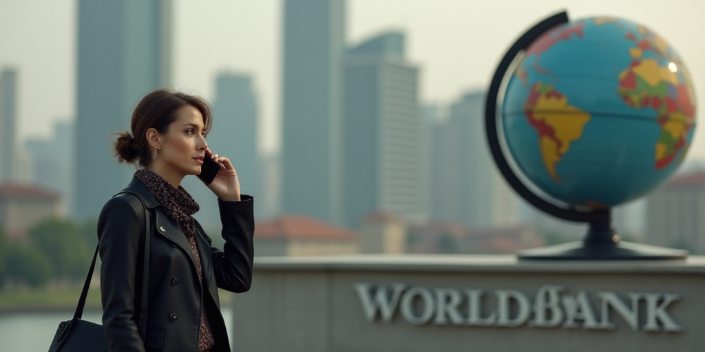 a woman talking on a cell phone in front of a world bank sign with a globe on it's side, Edi Rama, a