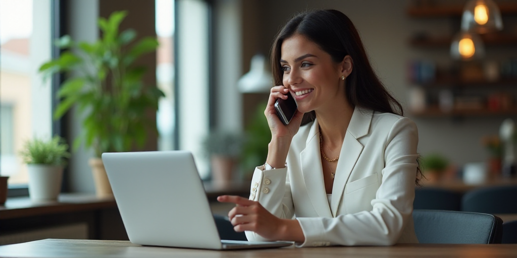 a woman using a cell phone while sitting at a table with a laptop and a money symbol above her, Andr