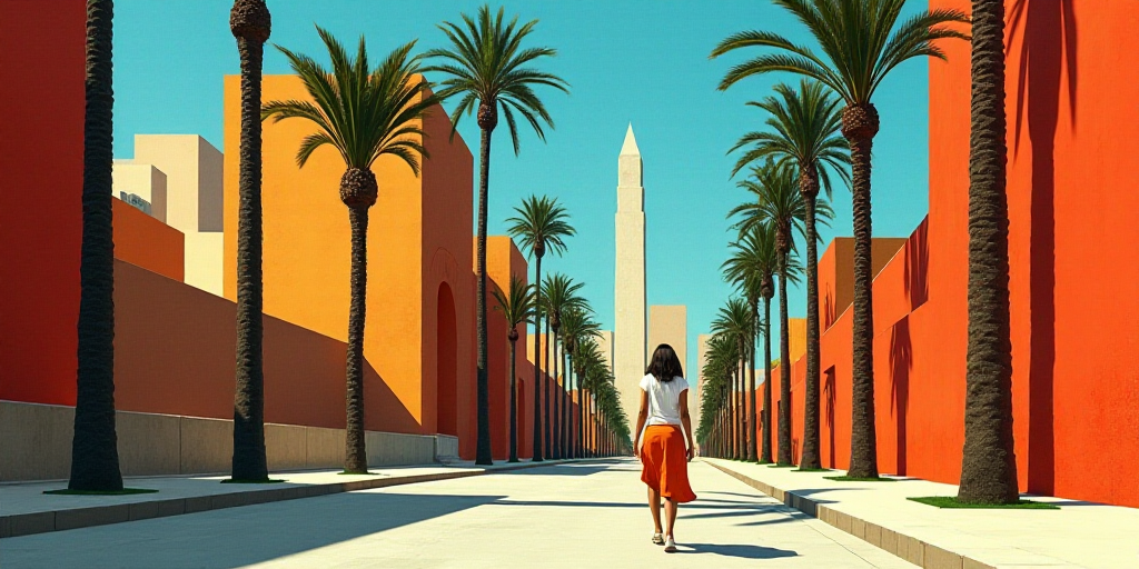 a woman walking down a street past tall buildings with palm trees in the foreground and a blue sky,