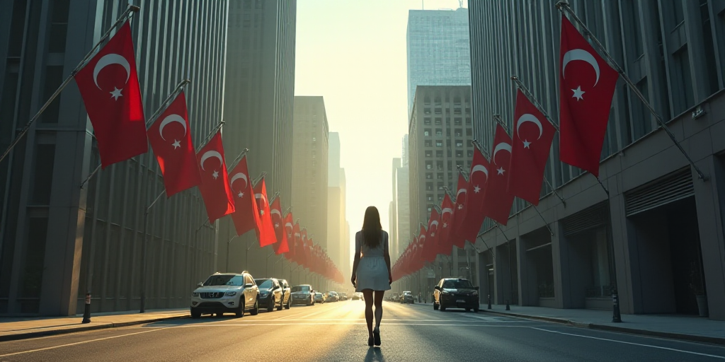 a woman walking down a street past tall buildings with flags on them and a flag on the side of the b