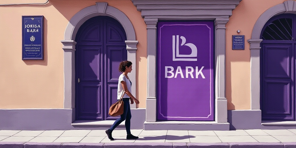a woman walking past a bank sign on a sidewalk in front of a building with a purple sign on it, Bouc