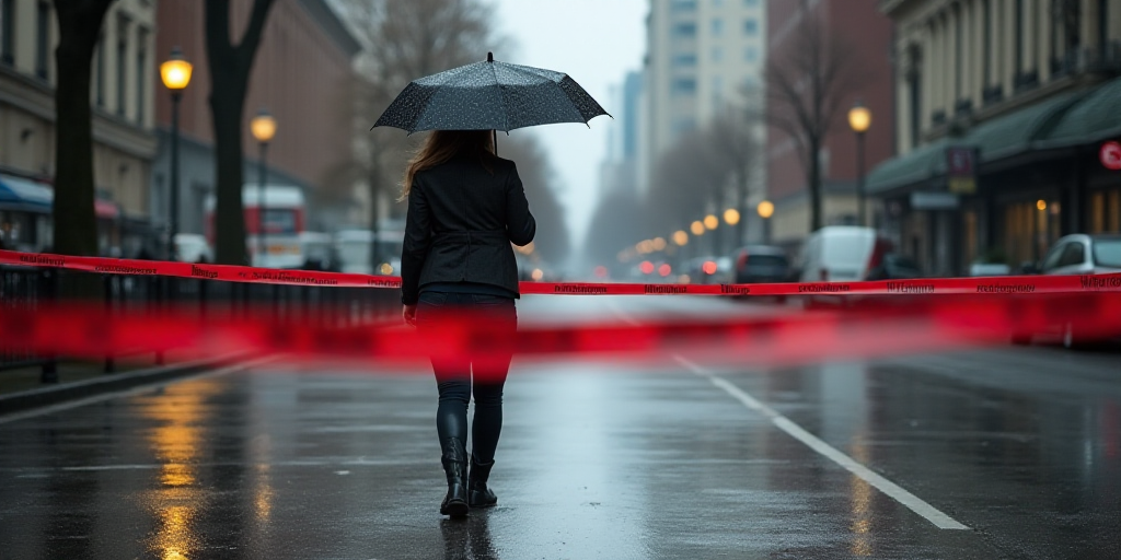 a woman walking past a red caution line with an umbrella over her head and a red caution tape across