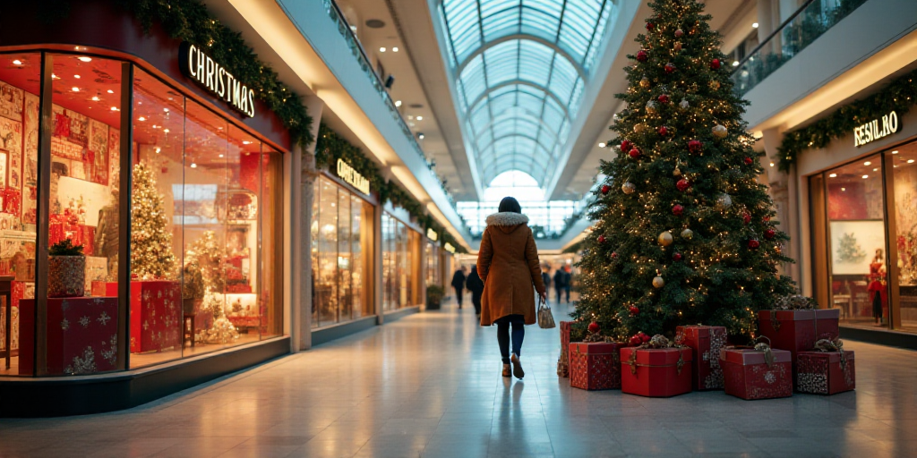 a woman walking through a mall with christmas decorations on display in the background and a christm