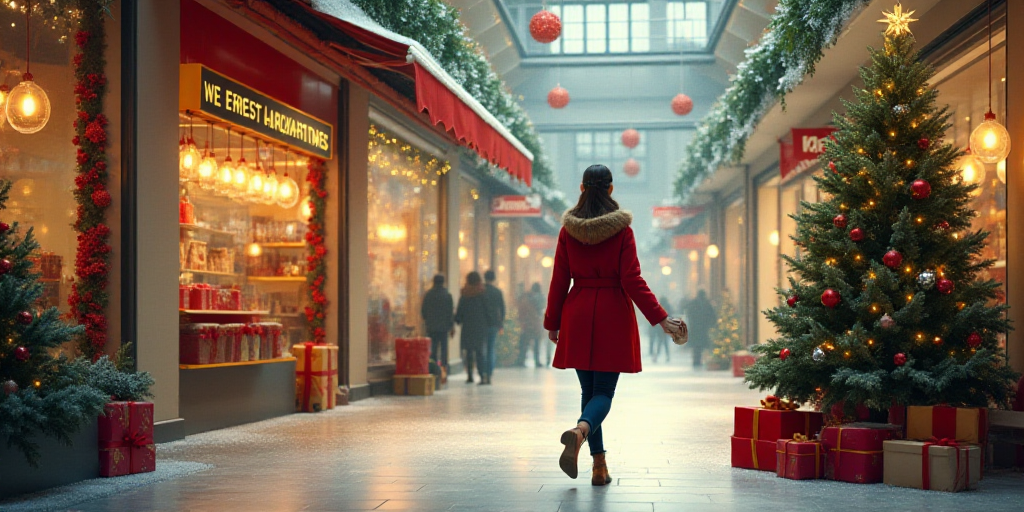 a woman walking through a mall with christmas decorations on display in the background and a christm