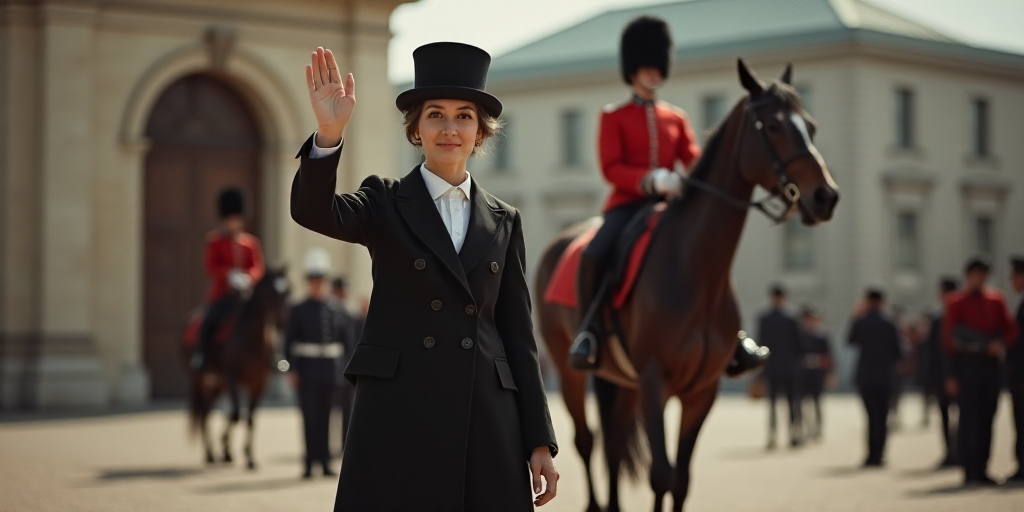 a woman waving and standing in front of a guard guard and a guard horse in uniform in the background