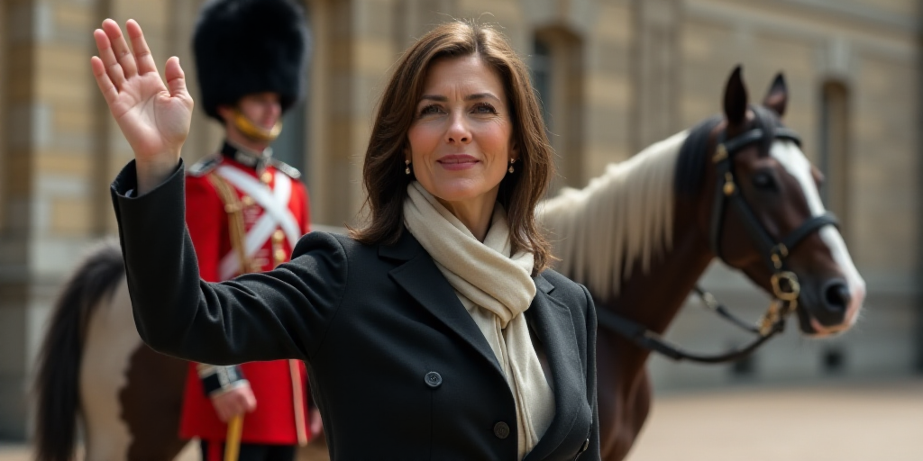 a woman waving and standing in front of a guard guard and a guard horse in uniform in the background