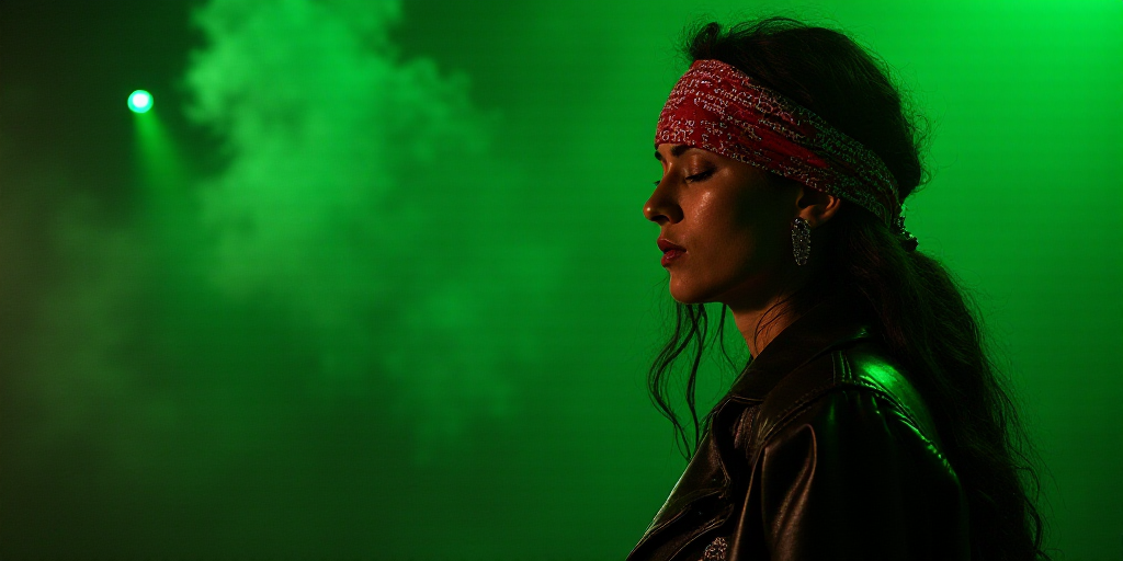 a woman wearing a bandana with words on it and a leather jacket on her face, with a green light in t