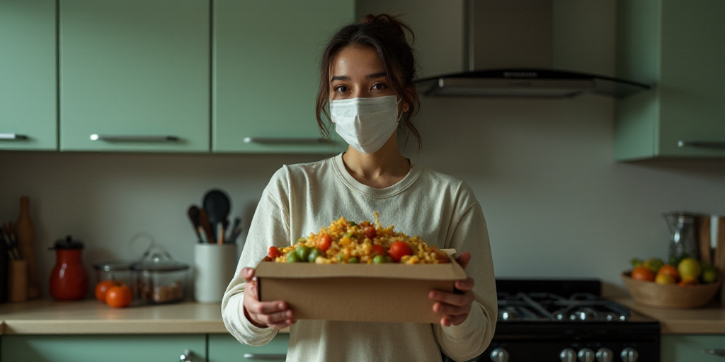 a woman wearing a face mask and holding a box of food in a kitchen with a stove in the background, A