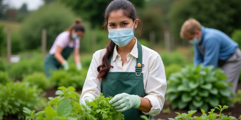 a woman wearing a face mask and gloves in a garden with other people working in the background and a