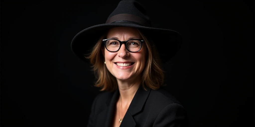 a woman wearing a hat and glasses smiling for a picture in a black background with a black backgroun