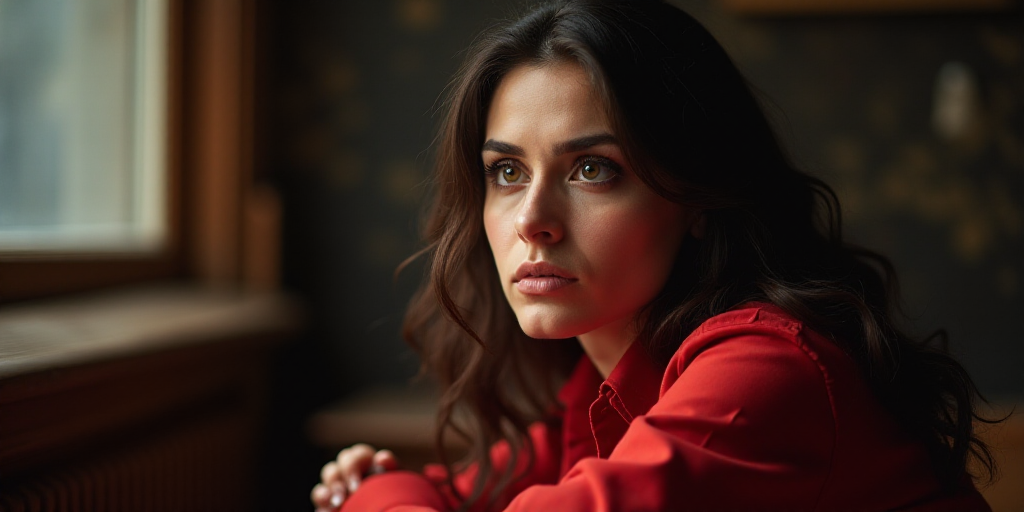 a woman with a black eyeliner and a red shirt is looking at something with a serious look on her fac