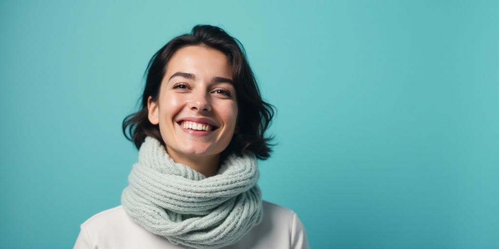 a woman with a scarf on her neck smiling at the camera with a blue background and a black and white