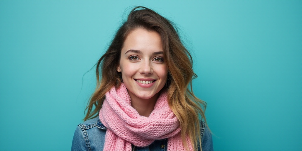 a woman with a scarf on her neck smiling at the camera with a blue background and a black and white