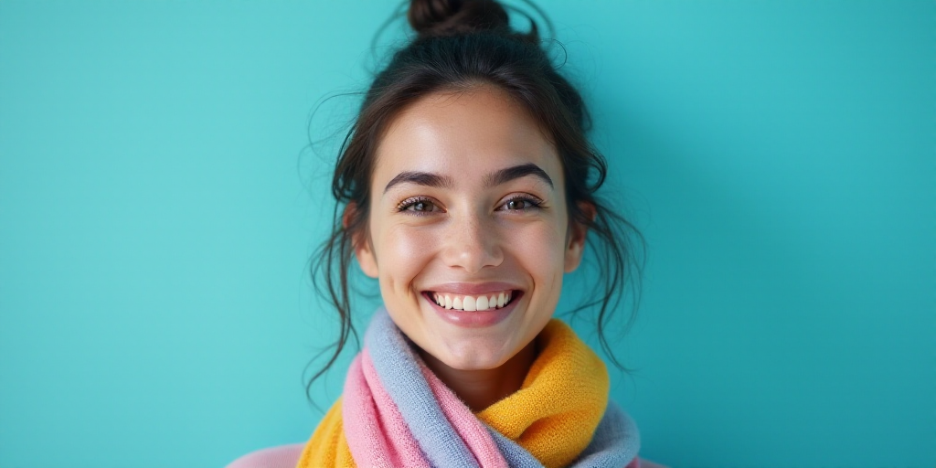 a woman with a scarf on her neck smiling at the camera with a blue background and a black and white