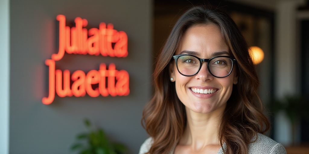 a woman with glasses is smiling for a picture in front of a sign that says juliaettea fiero gossman,