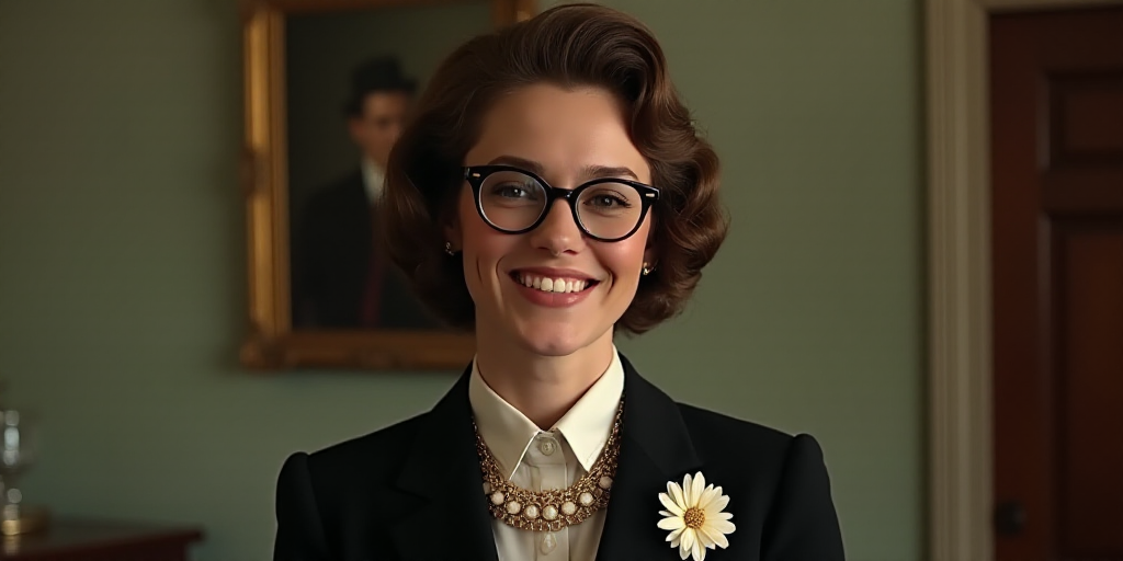a woman with glasses is smiling for the camera while wearing a suit and tie and a necklace with a fl