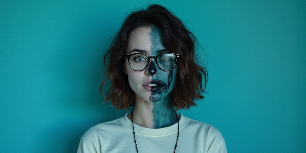 a woman with glasses standing in front of a blue background with a black and white photo of her face