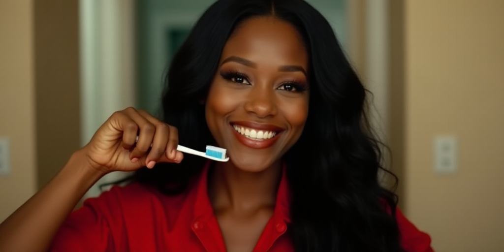 a woman with long black hair and a red shirt is smiling at the camera with a toothbrush in her mouth