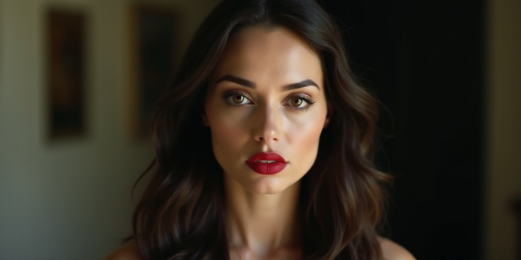 a woman with long hair and a red lipstick looks at the camera with a serious look on her face, Arace