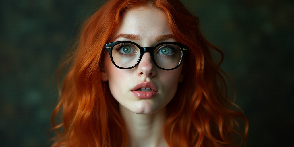 a woman with long red hair and glasses looking up at the camera with a surprised look on her face, E