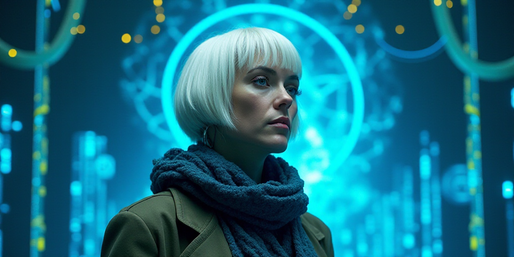 a woman with white hair and a scarf around her neck is standing in front of a blue background with a