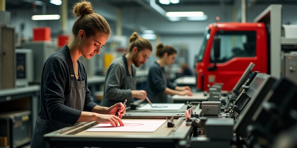 a woman working on a machine in a factory with other workers nearby and a red truck in the backgroun