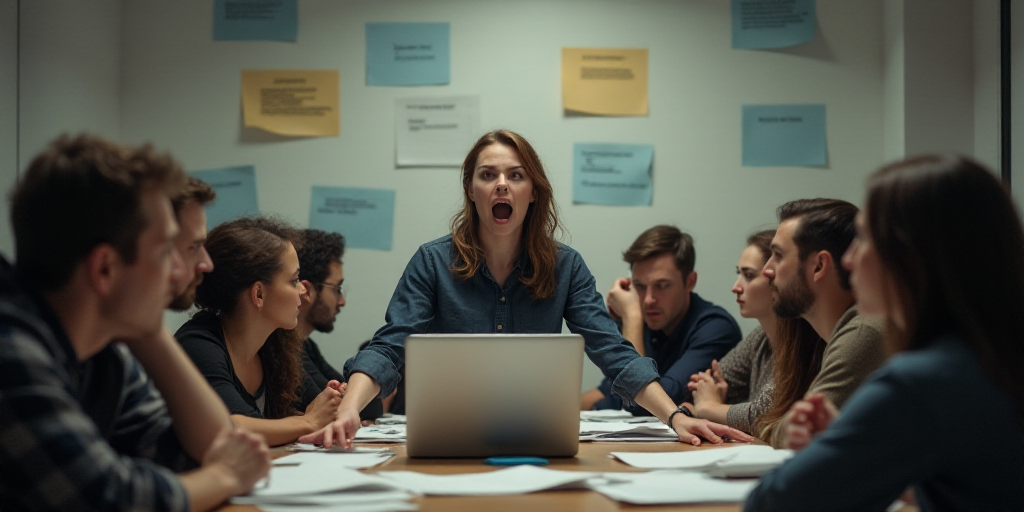 a woman yelling into a megaphone surrounded by people in a room with a laptop and a pile of papers,