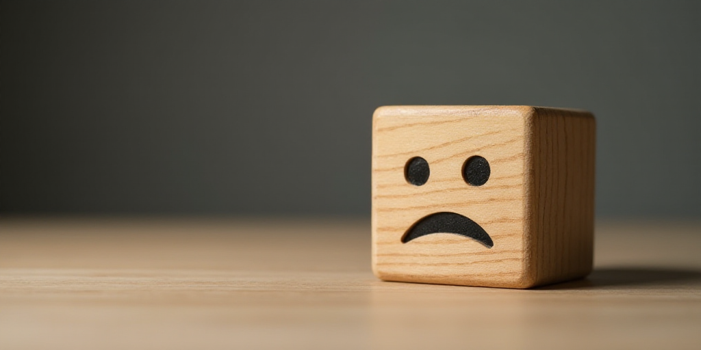 a wooden block with a sad face and a sad expression on it next to a wooden block with a sad face, An