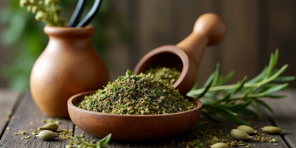 a wooden bowl filled with a scoop of dried herbs next to a wooden vase with a black spoon in it, And