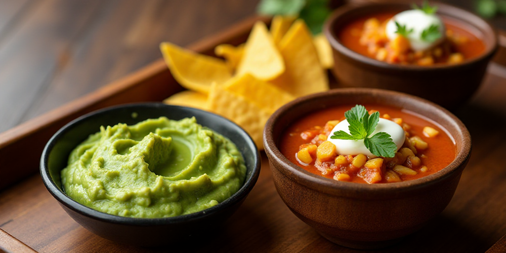 a wooden tray topped with bowls of soup and tortilla chips next to a bowl of guacamole, Ceferí Oliv
