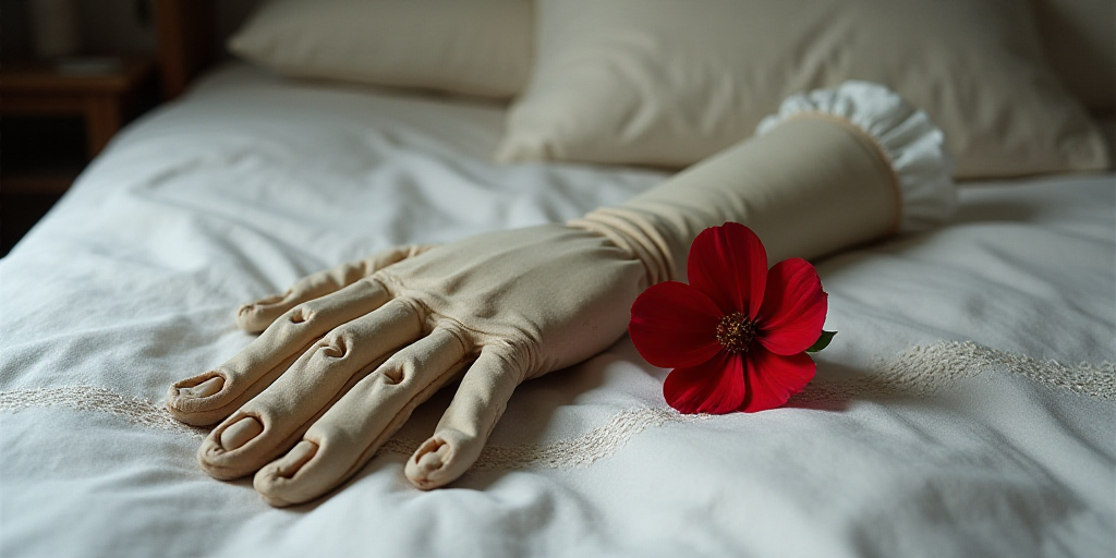 a worn out glove and a red flower on a bed sheet with lace on it and a lace - covered pillow, Claire