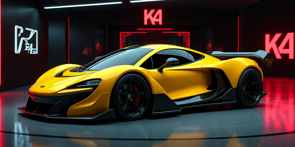 a yellow car is on display at a showroom with neon lights and a black background with a k4 logo, Ai-