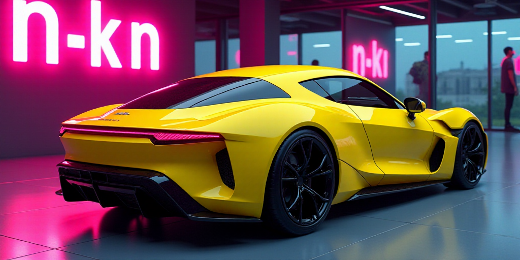 a yellow car is on display at a showroom with a neon sign behind it that says n k n, Ai-Mitsu, ghost